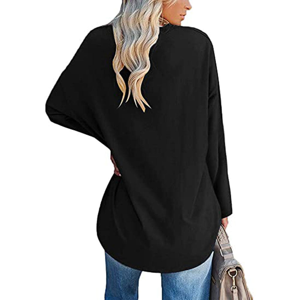 Solid Color Loose Drop Shoulder Sleeve V Neck Long Sleeve Blouse