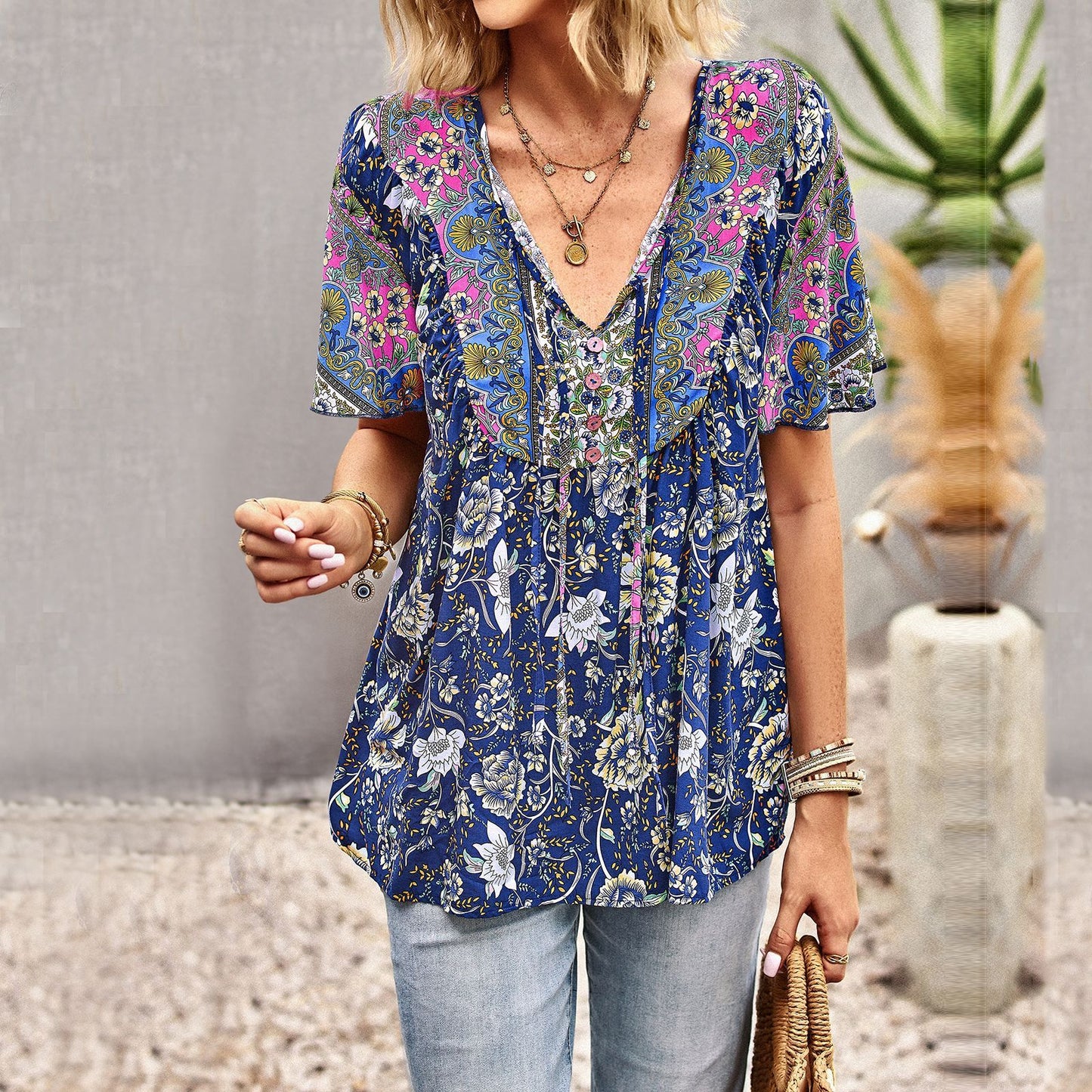 Asian Printed Shirt Women's Commuter Casual Collar Top