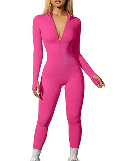 Workout Ribbed Long Sleeve Zipper Casual Jumpsuit