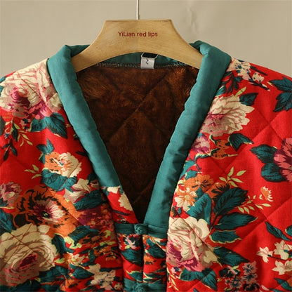 Floral Jacket Ethnic Print Fleece-lined Thickened Cotton-padded Coat Plus Size Women's Clothing