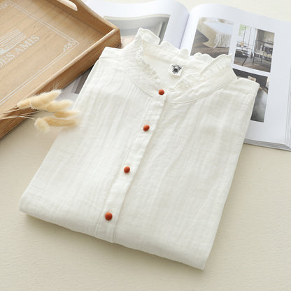 Color Buckle Lace Double-layer Cotton Yarn Long Sleeves White Shirt