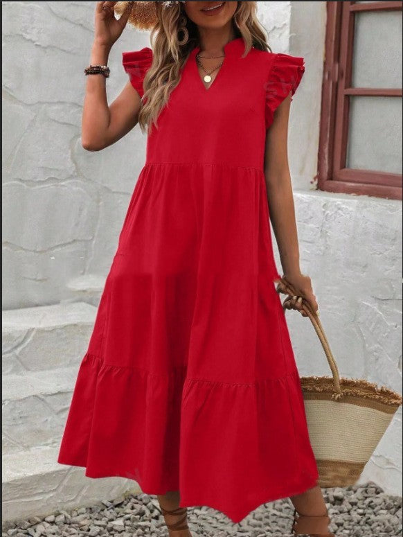 V-neck Ruffle Short Sleeve Solid Color Casual Dress