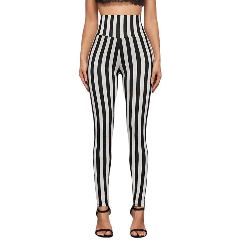 Vertical Stripes High Waist Leggings Cropped Skinny Pants