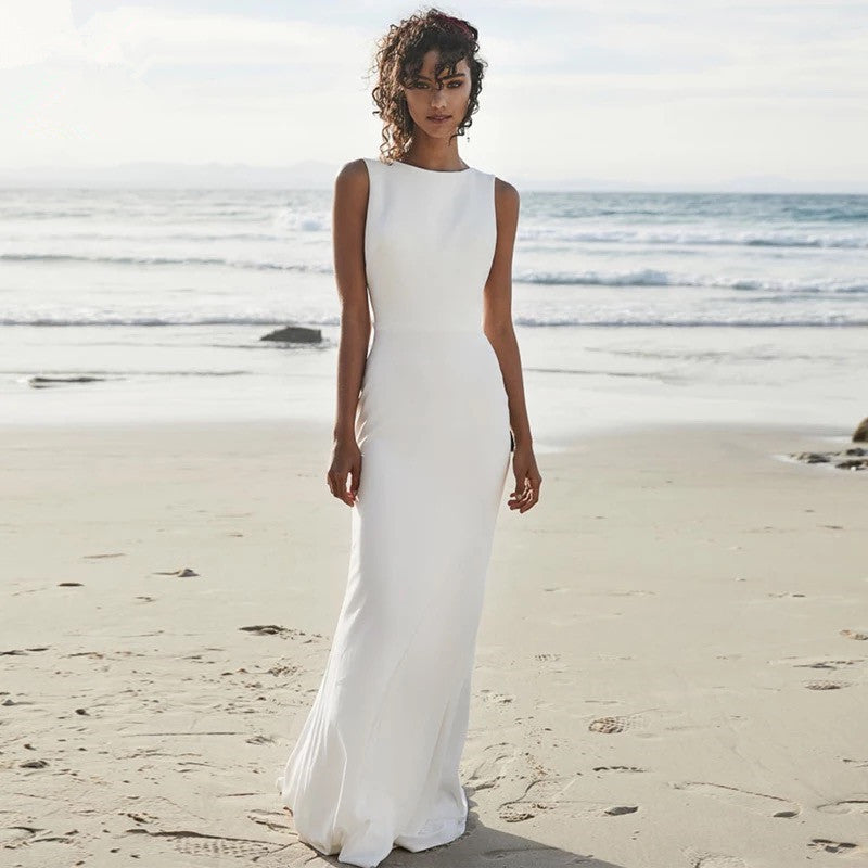 Robe de mariée de plage dos en V jupe longue en satin doux au sol mariée sirène