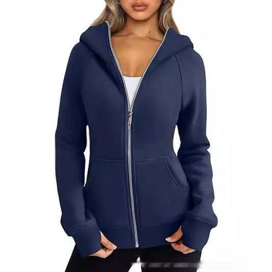 Pull à capuche court zippé pour femme doublé polaire couleur unie