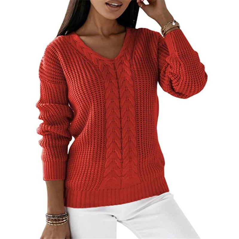 Long-sleeved V-neck Solid Color Twist Casual Knitted Pullover Top