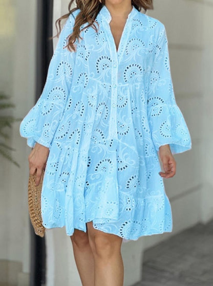 Summer Flower Hollow-out Embroidered V-neck 7-quarter Sleeve Large Swing Dress