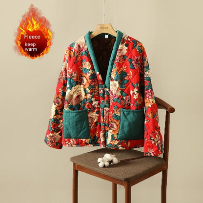 Floral Jacket Ethnic Print Fleece-lined Thickened Cotton-padded Coat Plus Size Women's Clothing