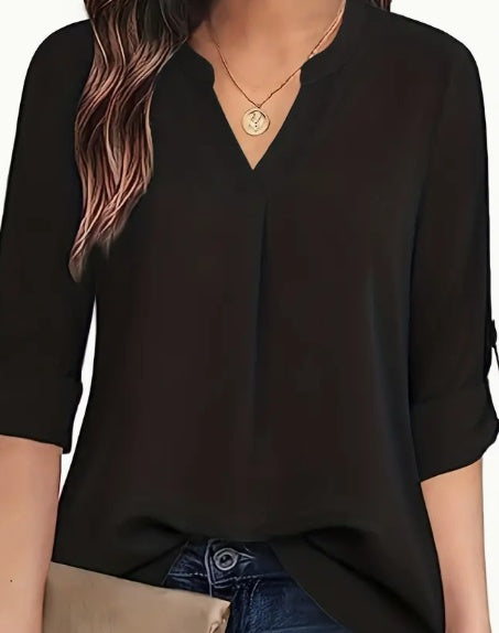 Chic Solid V-Neck Blouse - Fashionable Simplicity For Women - Relaxed Casual Long Sleeve Style