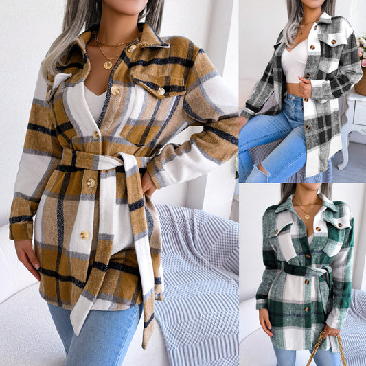 Color-contrast Check Long Sleeve Lace-up Thickened Woolen Coat