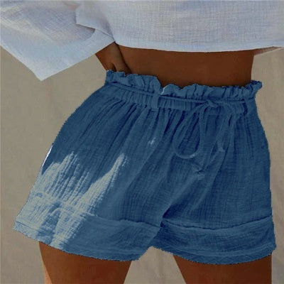 Einfarbige, lockere, plissierte Shorts aus Baumwolle und Leinen mit elastischem Gürtel und hoher Taille im Boho-Stil