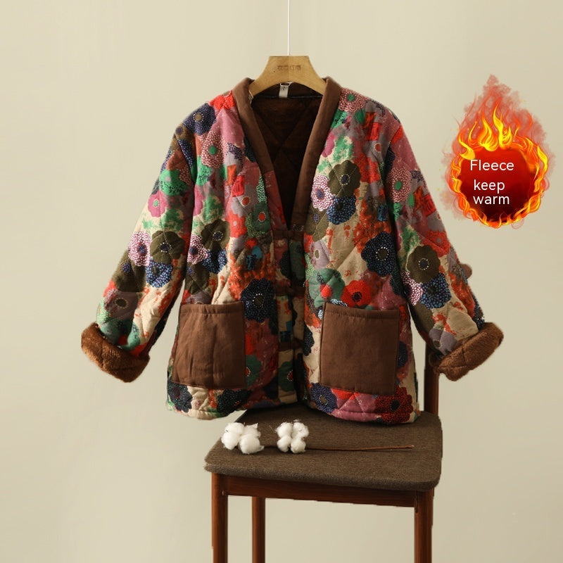 Floral Jacket Ethnic Print Fleece-lined Thickened Cotton-padded Coat Plus Size Women's Clothing