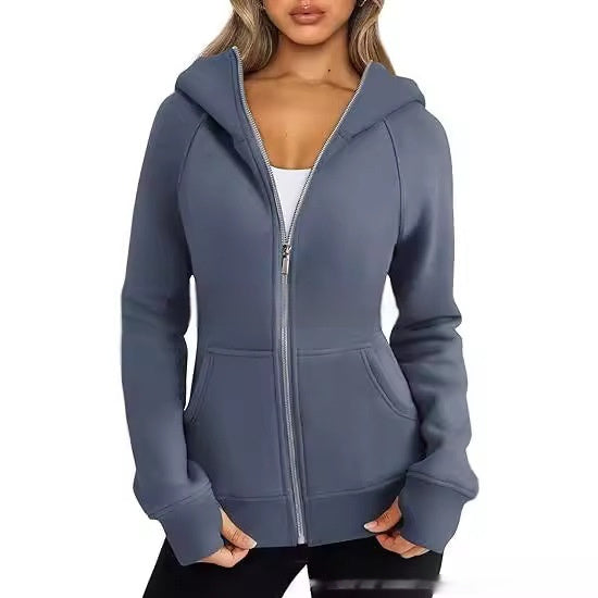 Women's Zipper Short Hood Fleece Lined Solid Color Hoodie Sweater