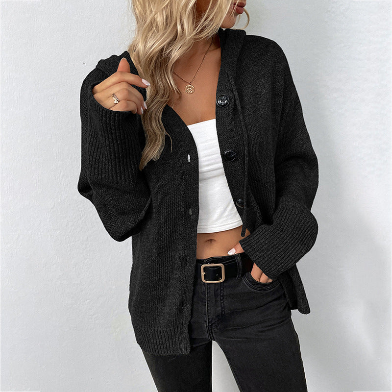 Solid Color Hooded Single-breasted Sweater Women's Cardigan Coat