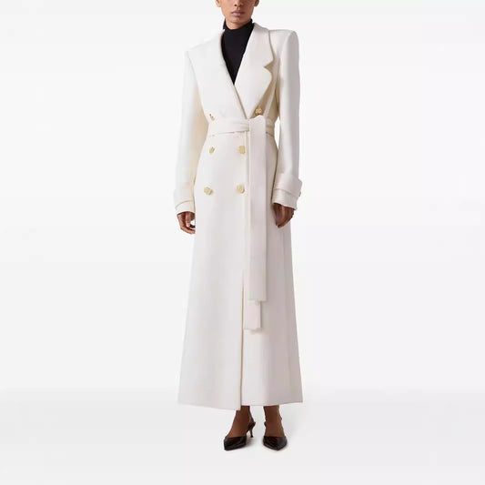 Manteau élégant à double boutonnage et à lacets pour femme, coupe slim, fente dans le dos, blanc