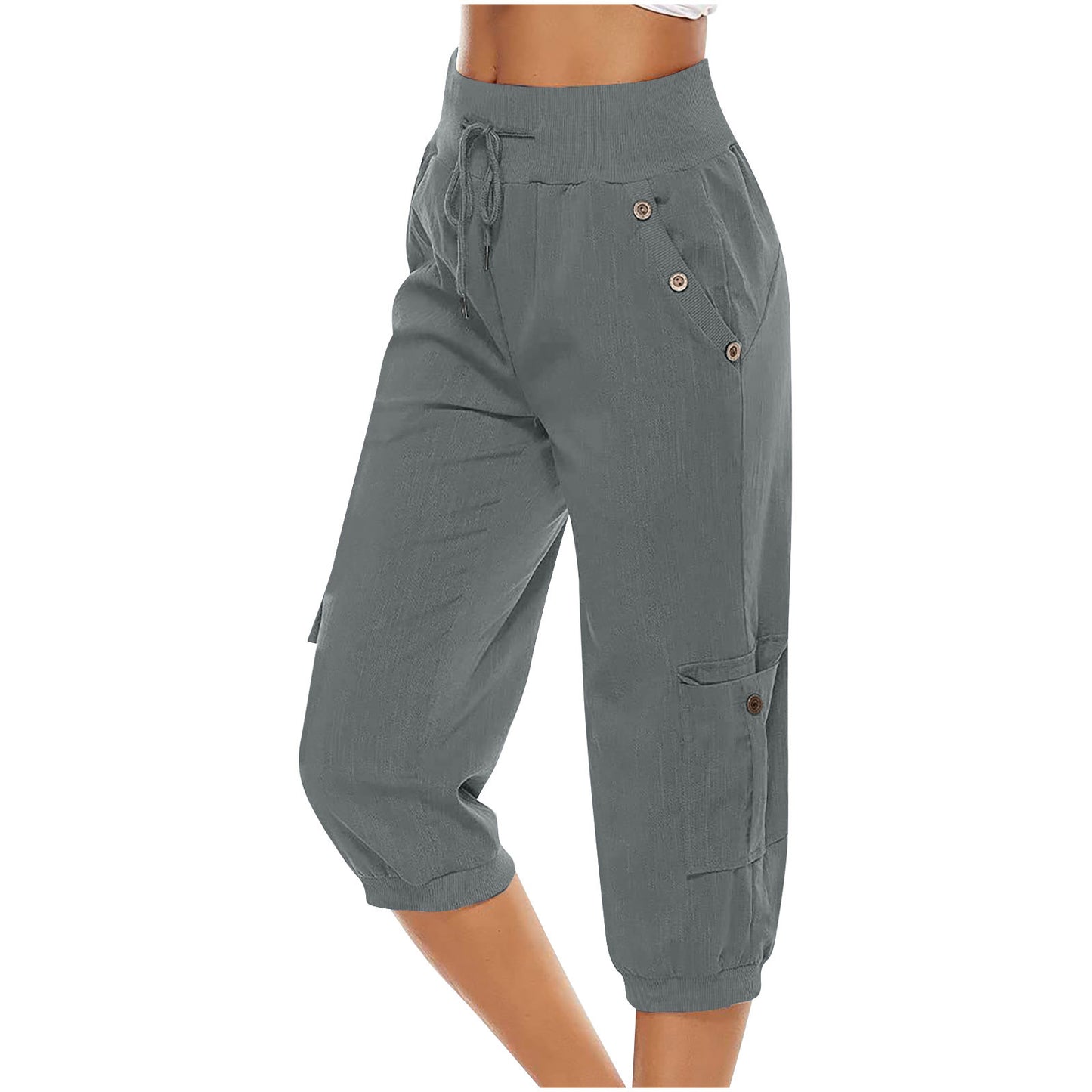 Pantalon court en coton et lin pour femme avec poches cargo, pantalon décontracté