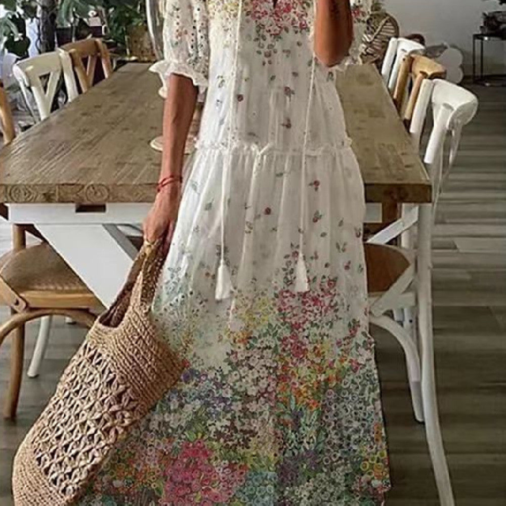 Robe longue imprimée à manches moyennes pour femme