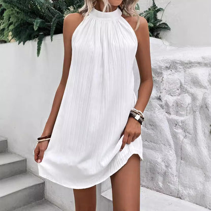 Summer High-end Sleeveless European And American Ladies Round Neck Mid-length Pleated Dress