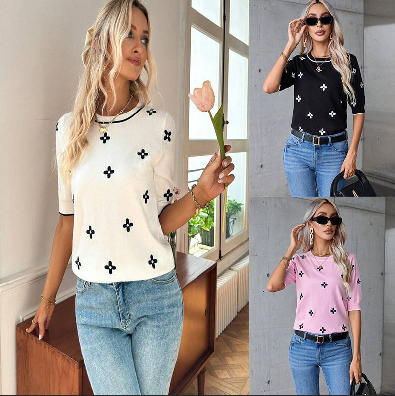 Flower Sweater With Short Sleeves Contrast Color Round Neck