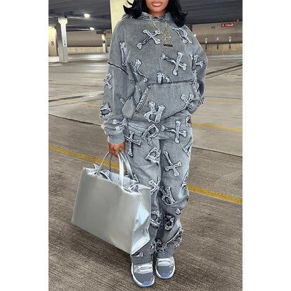 Women's Printed Pocket Long Sleeve Trousers Suit