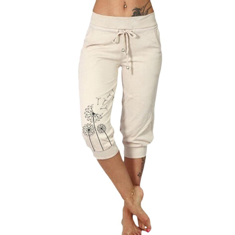 Casual Fashion Printing Loose High Waist Lace-up Cropped Pants