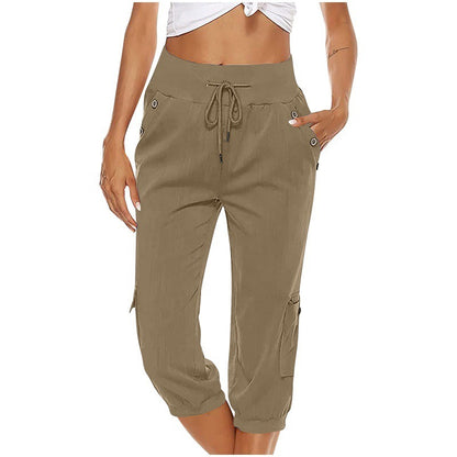 Pantalon court en coton et lin pour femme avec poches cargo, pantalon décontracté