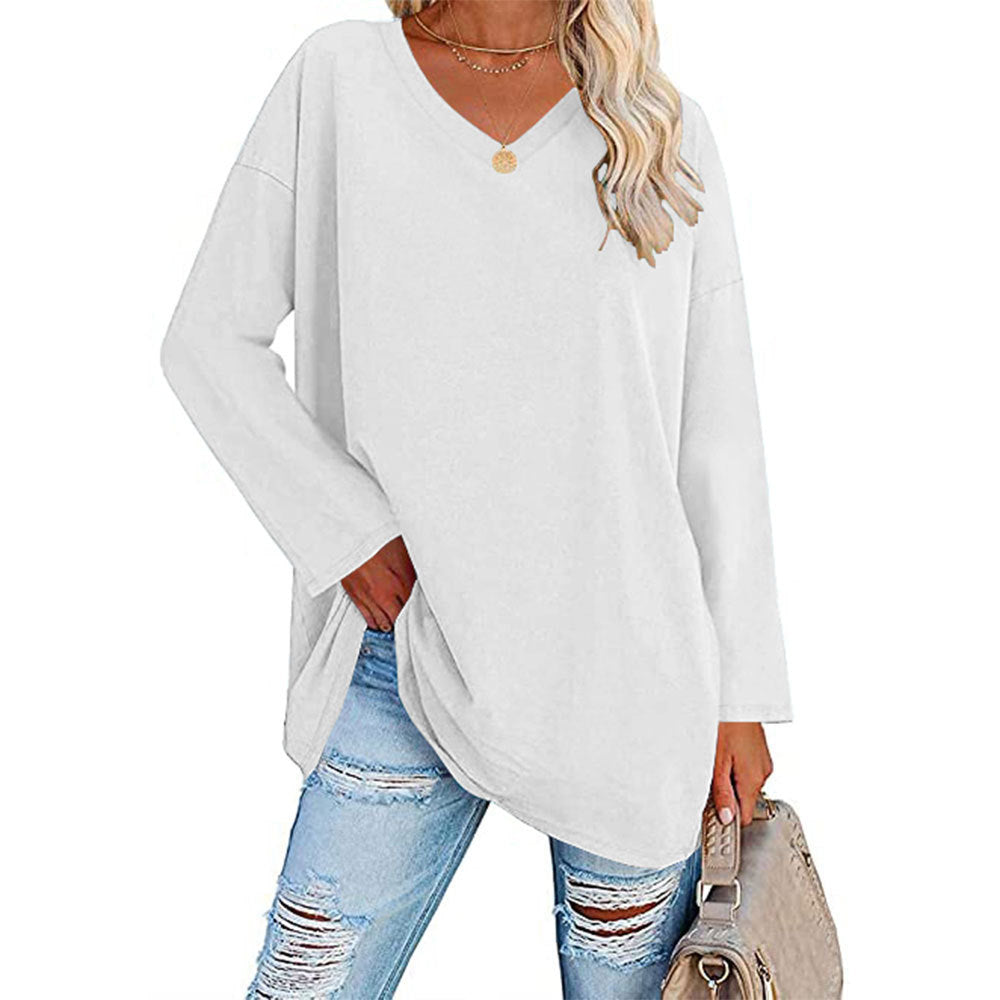 Solid Color Loose Drop Shoulder Sleeve V Neck Long Sleeve Blouse