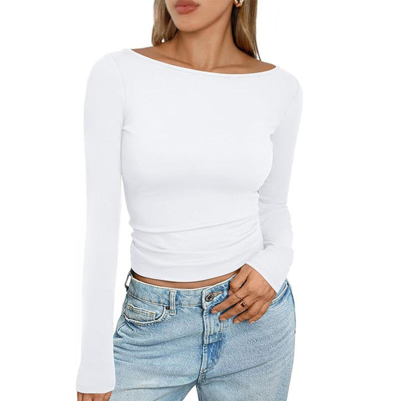 T-shirt slim à manches longues et col rond pour femme