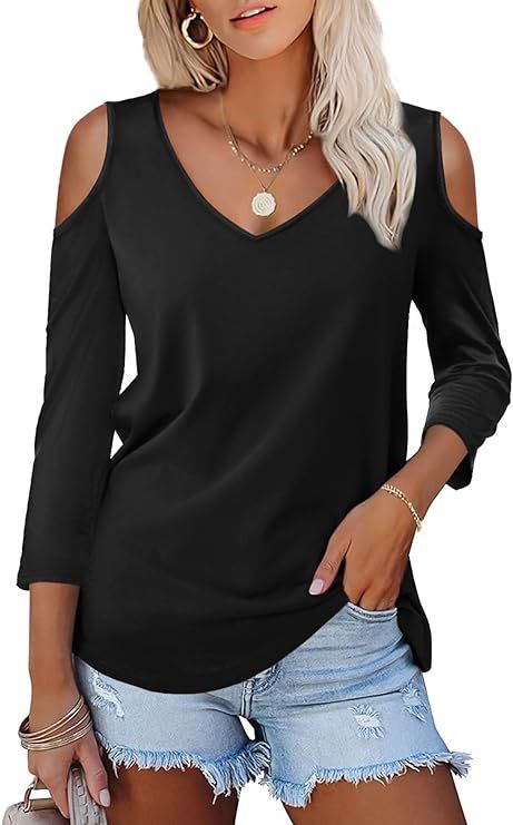 Off-the-shoulder Women's Solid Color Long Sleeve V-neck Formal Casual Top Summer