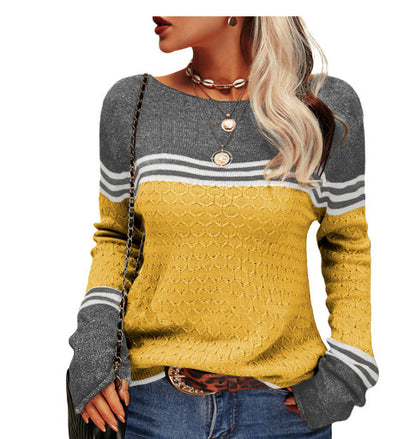 Temperament Commute Long Sleeve Knitted Striped Color-block Crew Neck Sweater