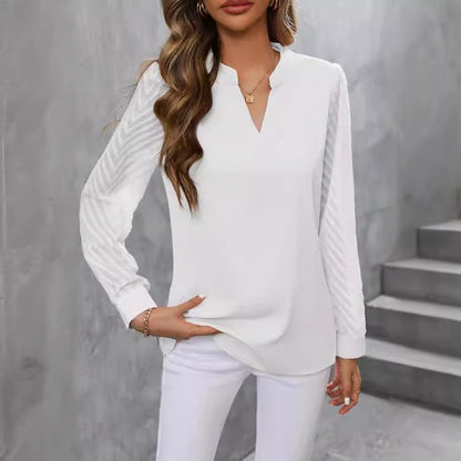 Chiffon Patchwork Long Sleeve Solid Color And V-neck Shirt