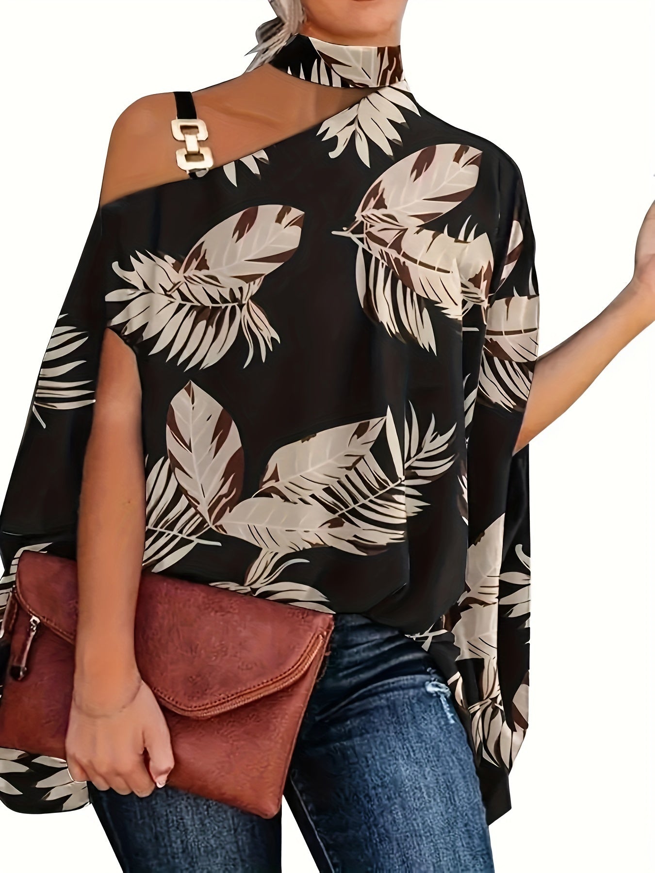 Leaves Print One Shoulder Blouse, Elegant Chain Strap Mock Neck Short Sleeve Blouse For Spring & Summer, Women's Clothing