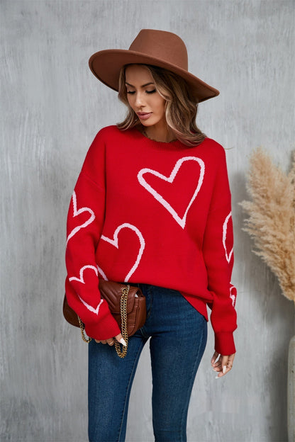 Weibliche Mit Herzen Valentinstag Pullover Große Pfirsich Herz Kontrast Farbe Pullover