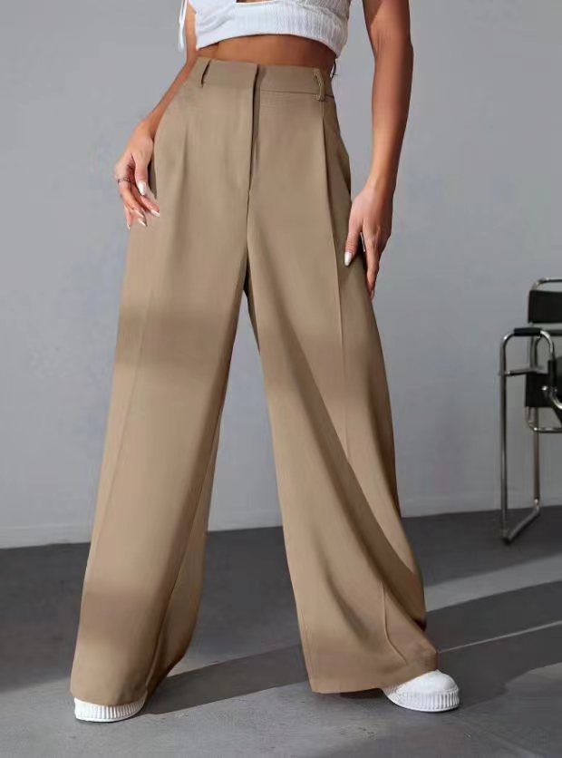 Pantalon ample taille haute amincissant à jambes larges et coupe droite