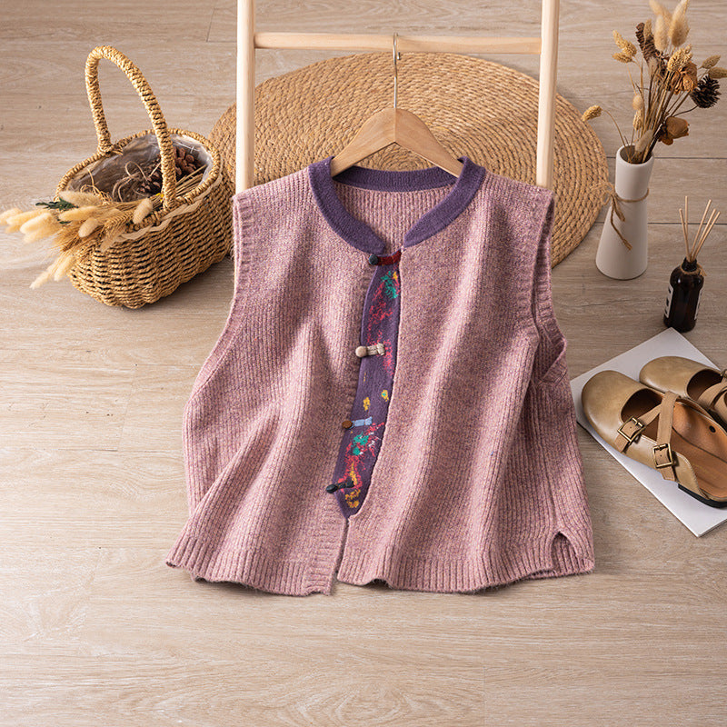 Retro Artistic Variegated Woolen Knitted Sleeveless Jacket