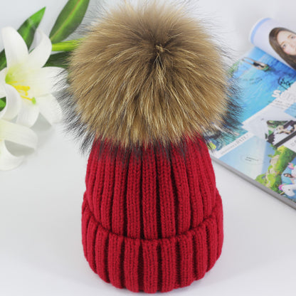 New Autumn And Winter Knitted Hat Female Korean Raccoon Hair Ball Woolen Cap