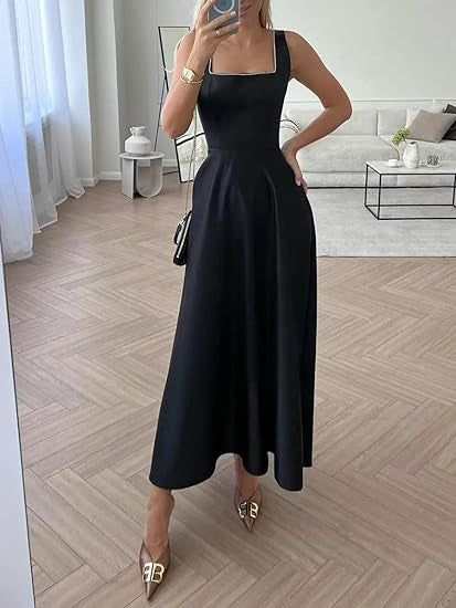 Women's Square Collar Long Low Cut Sleeveless Dress Corset