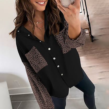 Long Sleeve Pocket Leopard Print Lapel Cardigan Top