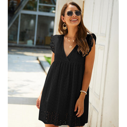 Summer V-neck Cotton Short Skirt Solid Color Dress