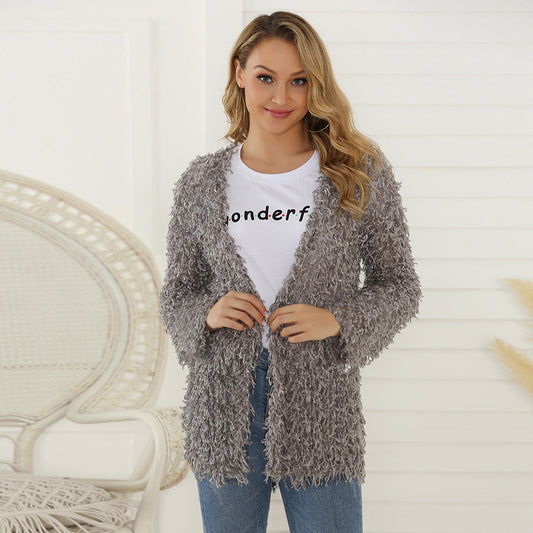 Manteau d'automne pour femme Cardigan à manches longues Manteau mi-long en peluche