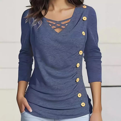 Chemise longue élégante en tricot de couleur unie à col en V et manches longues avec faux boutons