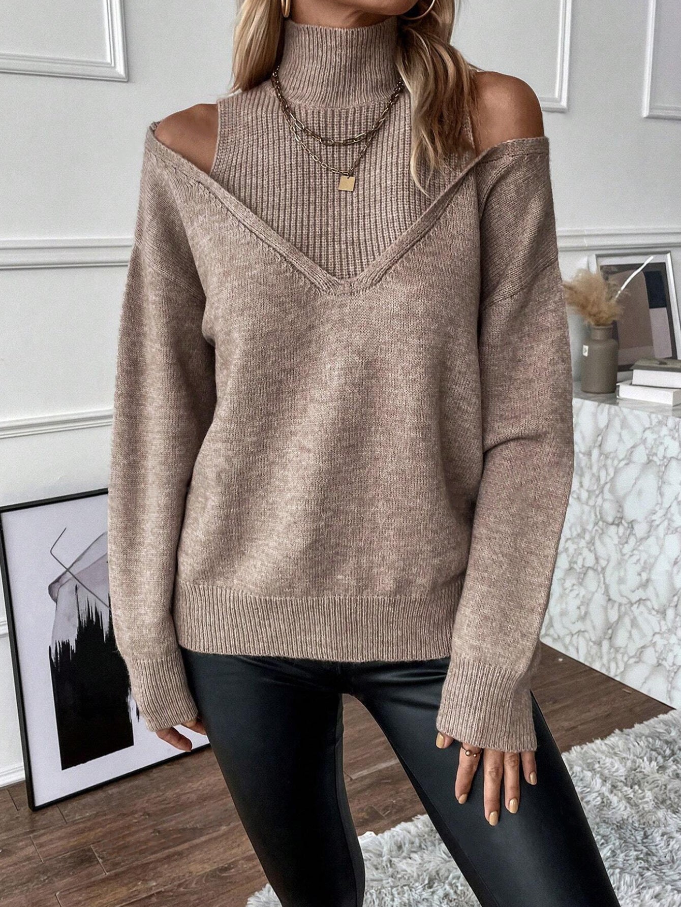 Off-the-shoulder Half Turtleneck Solid Color Thread Temperament Leisure Sweater