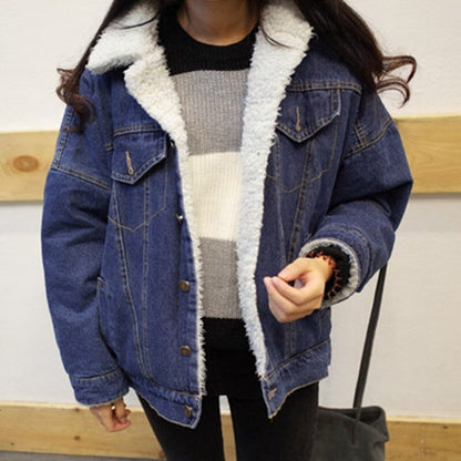 Women's Autumn And Winter Fleece-lined Thickening Denim Jacket