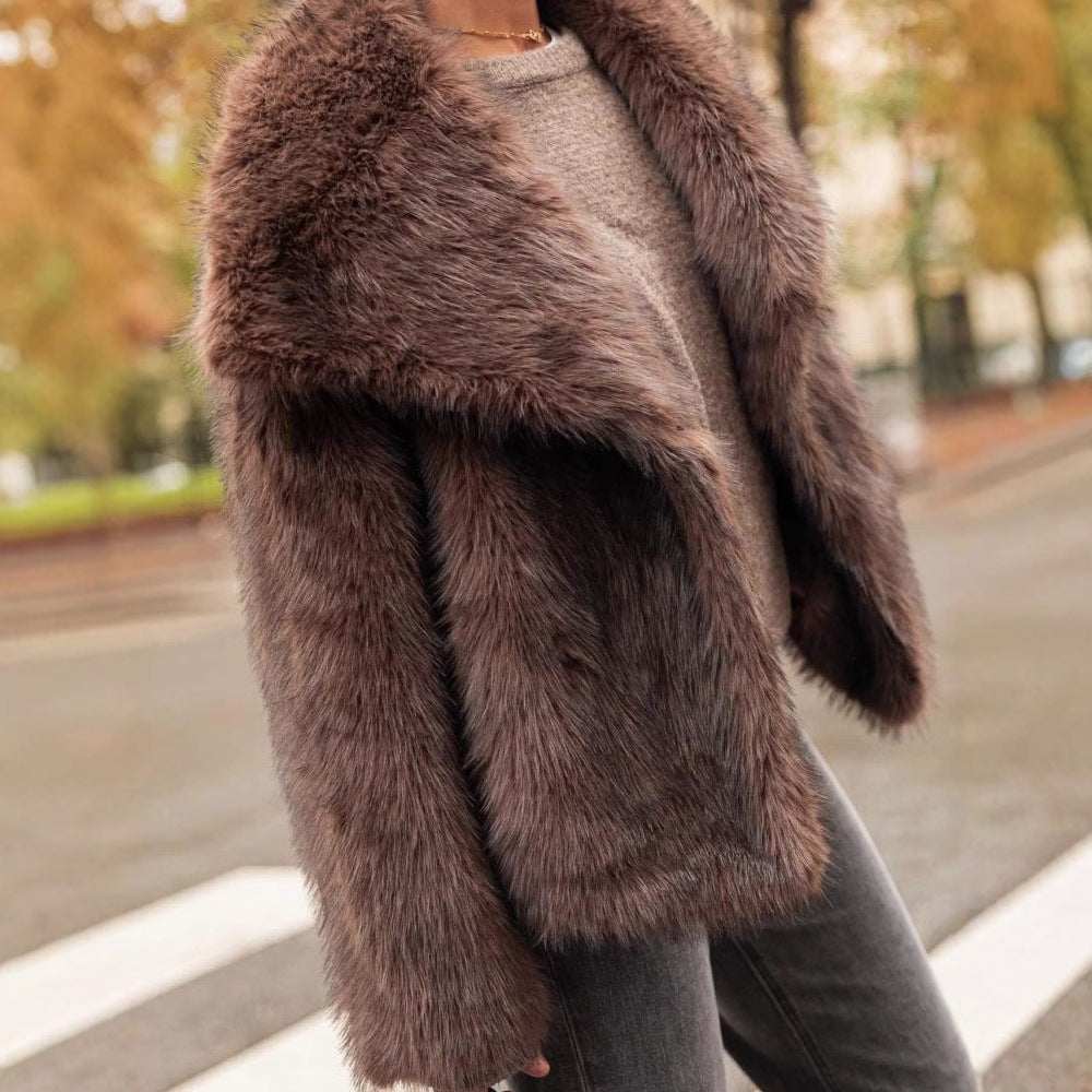 Warm Fashion Loose-fitting Long Sleeves Plush Brown Coat