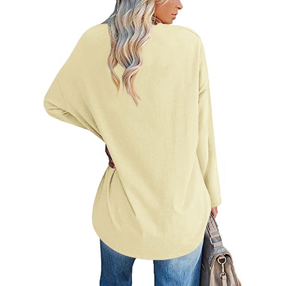 Solid Color Loose Drop Shoulder Sleeve V Neck Long Sleeve Blouse