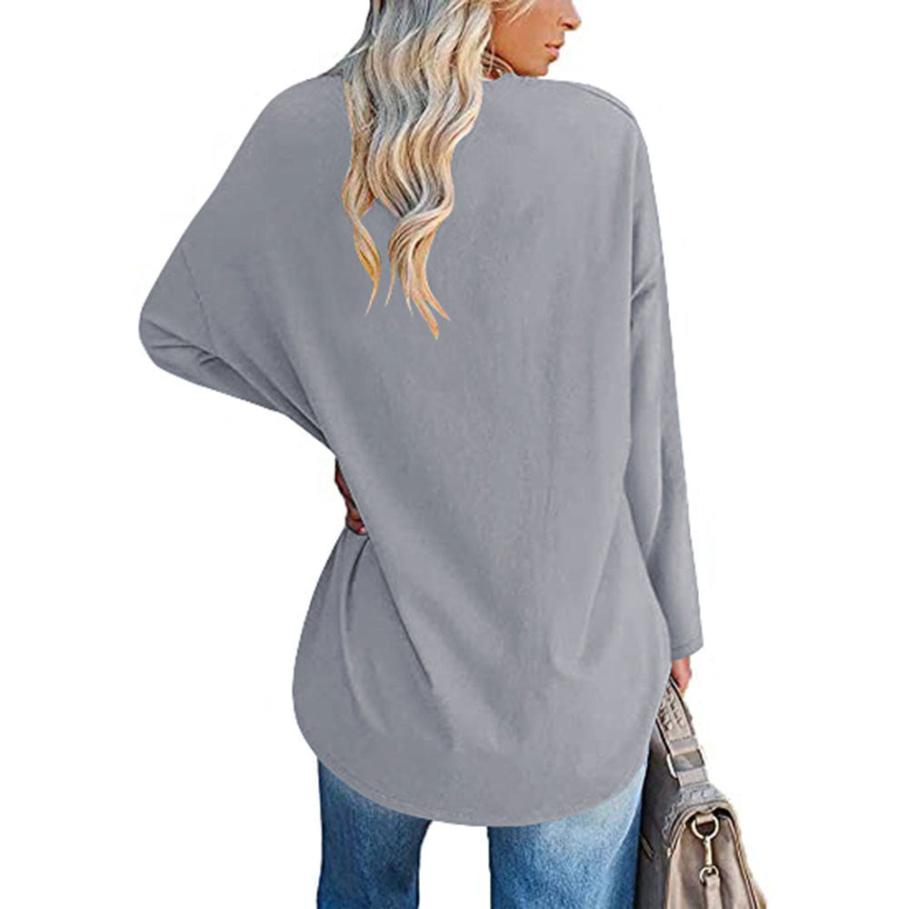 Solid Color Loose Drop Shoulder Sleeve V Neck Long Sleeve Blouse