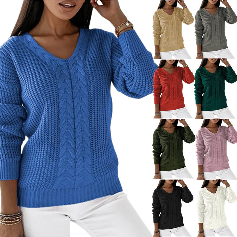 Long-sleeved V-neck Solid Color Twist Casual Knitted Pullover Top