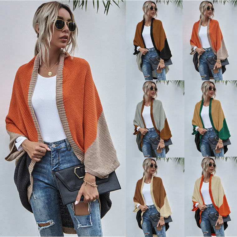 Manteau pull cardigan tricoté à blocs de couleurs tendance