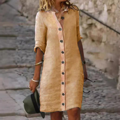 Shirt Collar Half Sleeve Large Round Buckle Cotton And Linen Dress