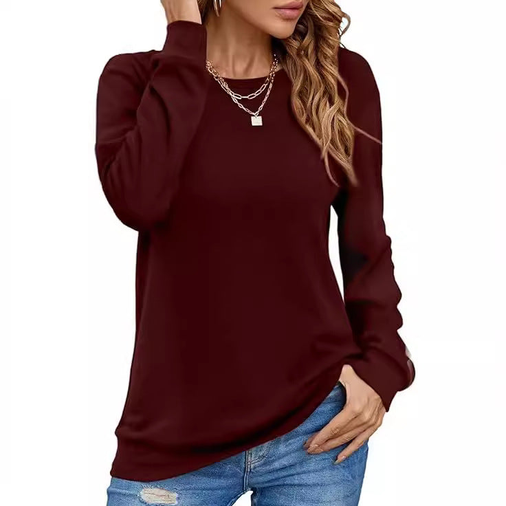 European And American Style Women Long Sleeve Shirt Solid Color Round Neck Coat